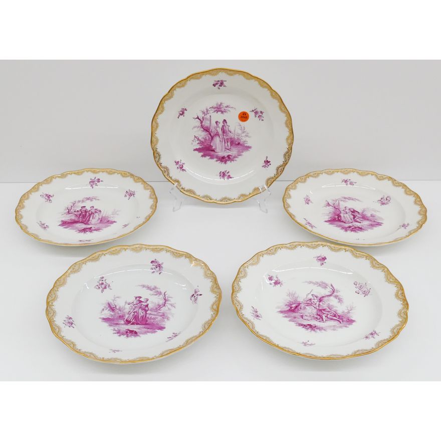 5pc Meissen Pink Courting Scene Porcelain Plates- 9.75"