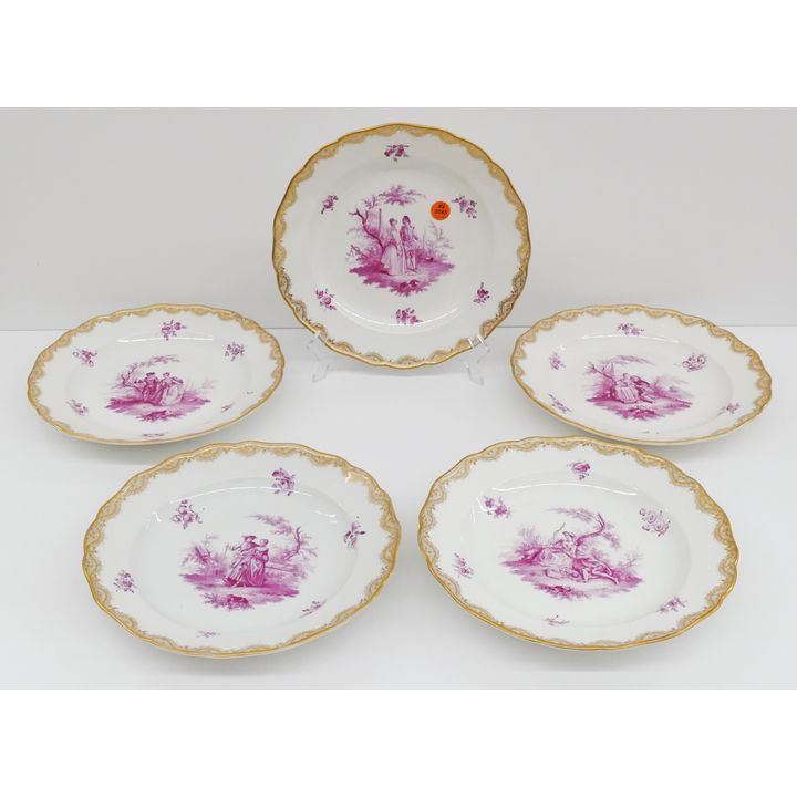 5pc Meissen Pink Courting Scene Porcelain Plates- 9.75"