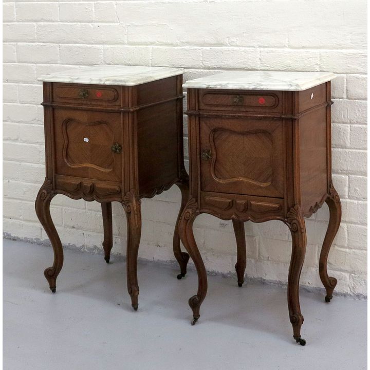PAIR OF FRENCH MARBLE TOP PEDESTALS ON CASTORS