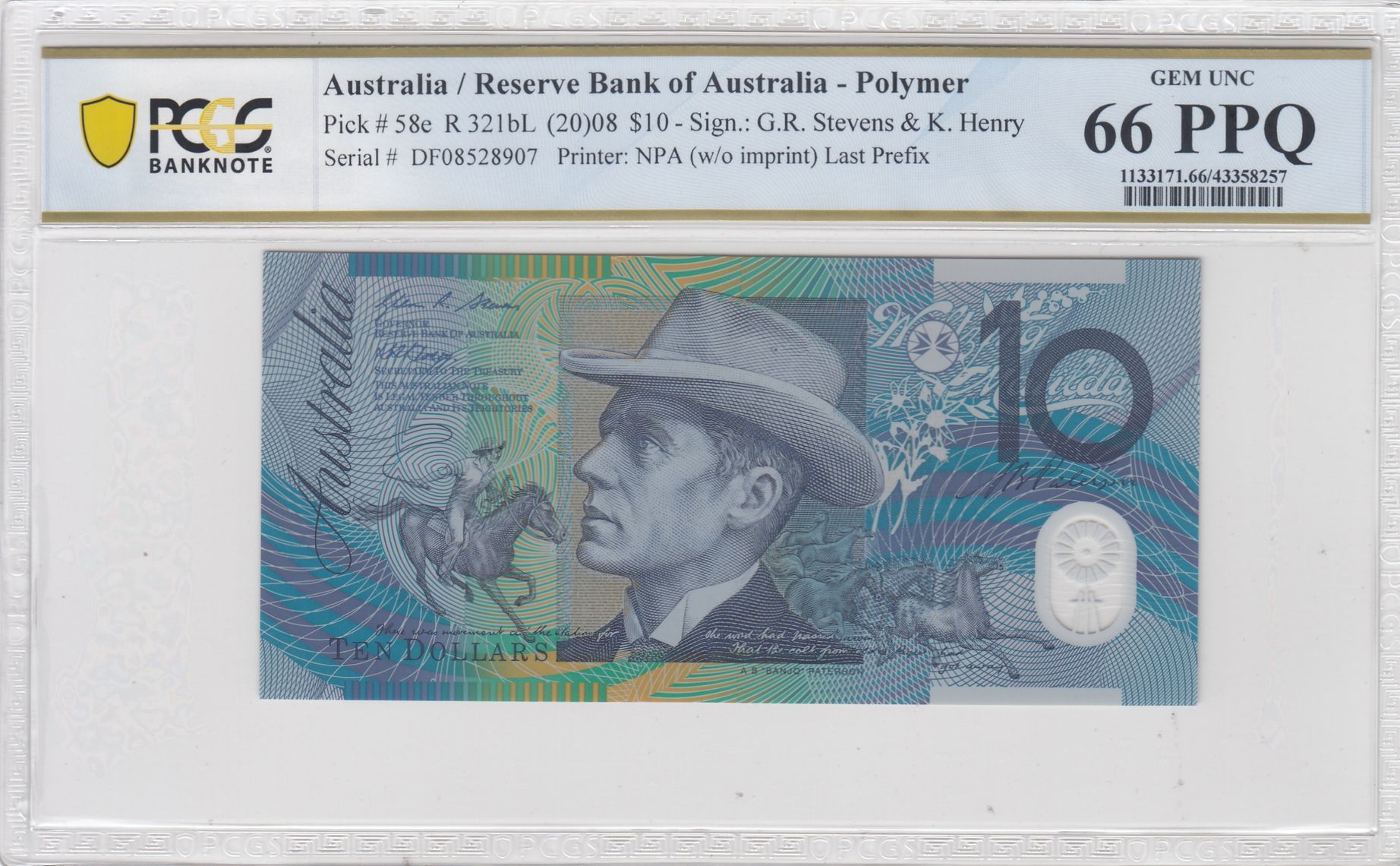 2008 $10 Stevens/Henry Gem Unc 66 PPQ Last Prefix