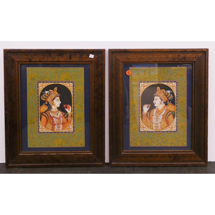 Pair Persian Royalty Portrait Paintings Framed- 18x15''