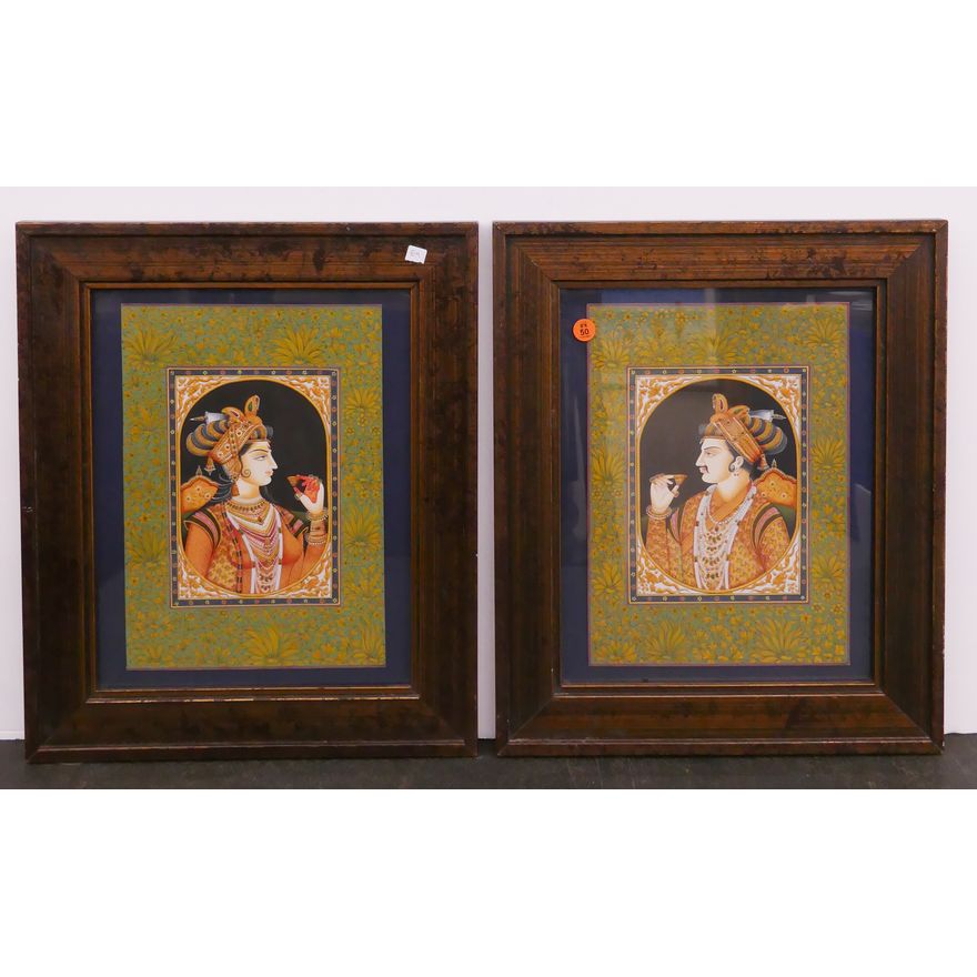 Pair Persian Royalty Portrait Paintings Framed- 18x15''