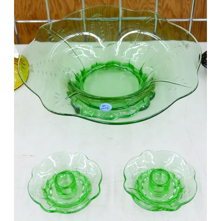 3pc Green Etched Glass Candleholders & Bowl