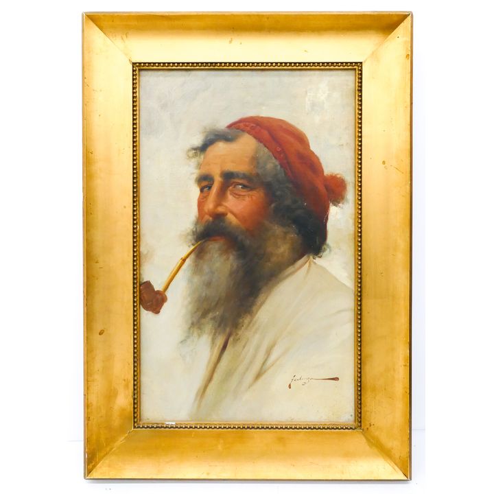 Antique Painting of Bearded Man with Pipe Oil on Canvas. Illegibly signed.