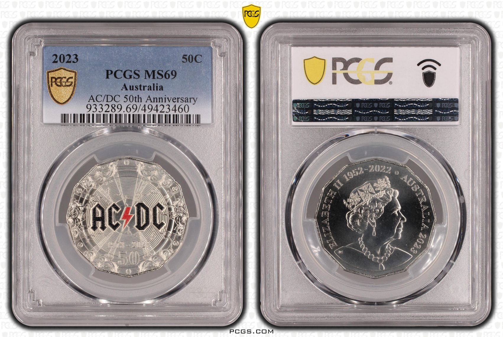 Elizabeth II, AC/DC 50th Anniversary, Fifty Cent, 2023, PCGS MS69