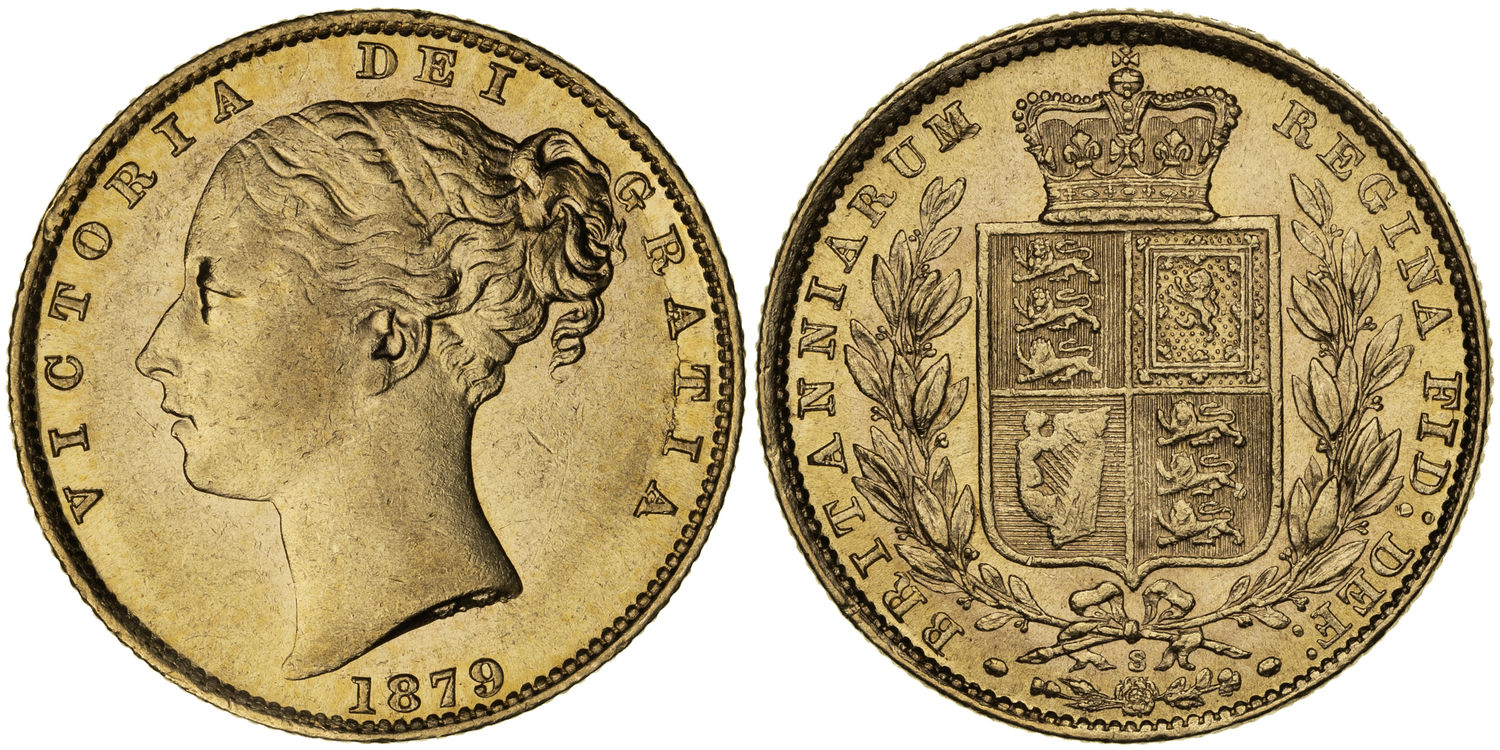 Victoria, Shield Reverse, Sovereign, 1879-S, EF