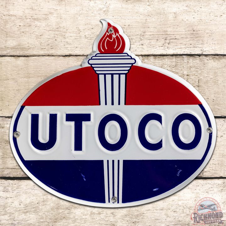 Utoco Gasoline Convex Single Sided Porcelain Pump Plate Sign w/ Flame