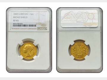 1843 VICTORIA YOUNG HEAD 'BROAD SHIELD' LONDON MINT GOLD SOVERIEGN NGC XF45