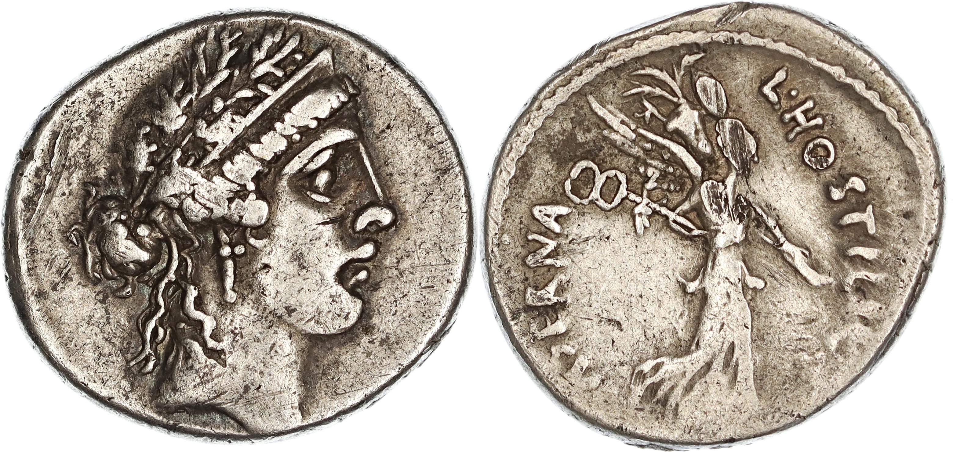 Roman Republic, Imperatorial Period, L. Hostilius Saserna, Silver Denarius, 48 BC, VF
