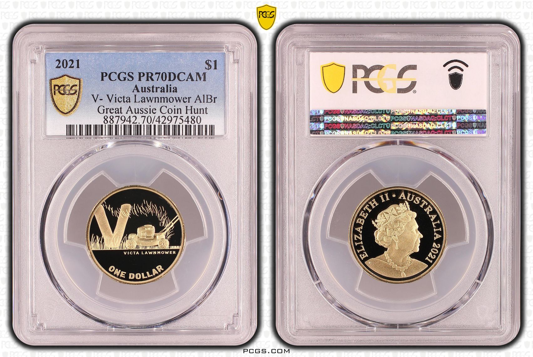 Elizabeth II, V- Victa Lawnmower, Great Aussie Coin Hunt, One Dollar, PR70DCAM , 2021 PCGS POP - 1/0