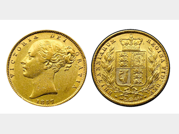 1857 VICTORIA YOUNG HEAD LONDON MINT SHIELD GOLD SOVEREIGN