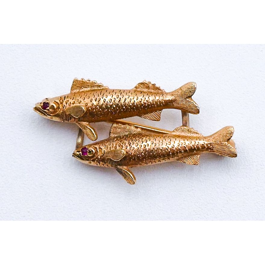 Twin Fish 14k Ruby Eye Brooch 1'' - 4.3 Grams