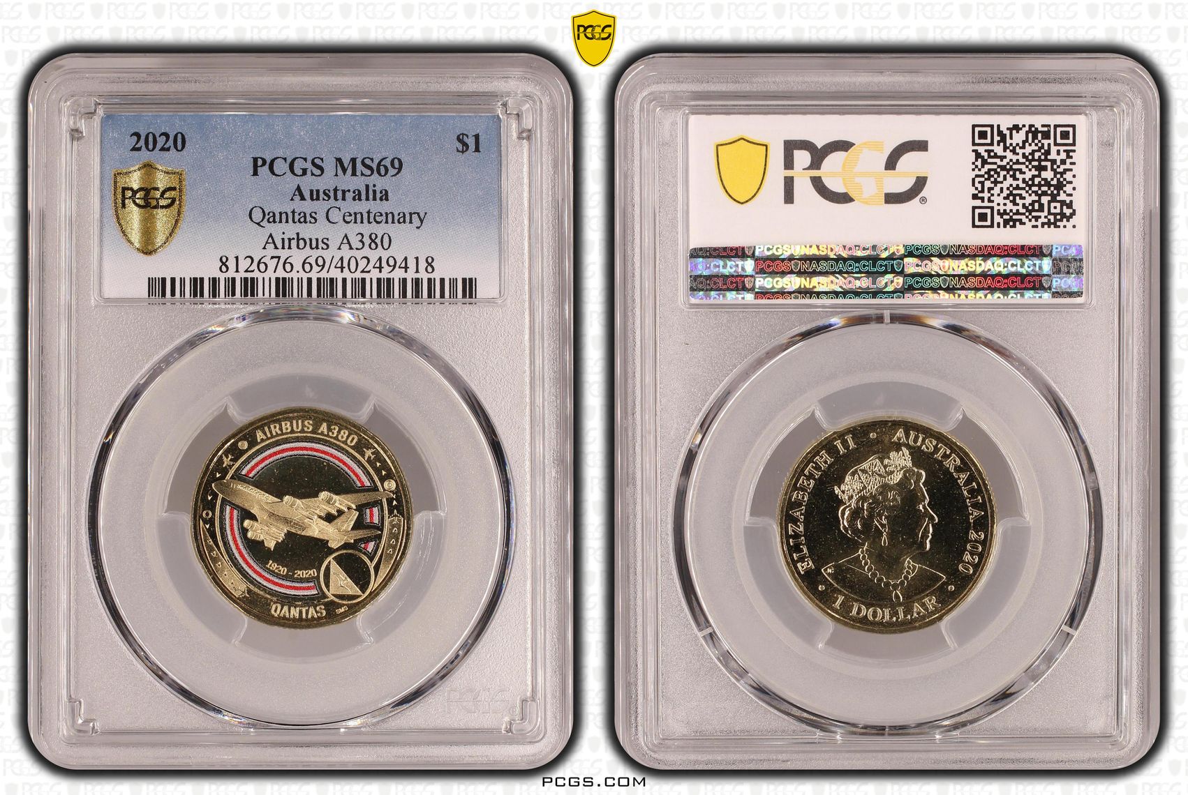 Qantas Centenary Airbus A380 POP 4/0, One Dollar, 2020, PCGS MS69