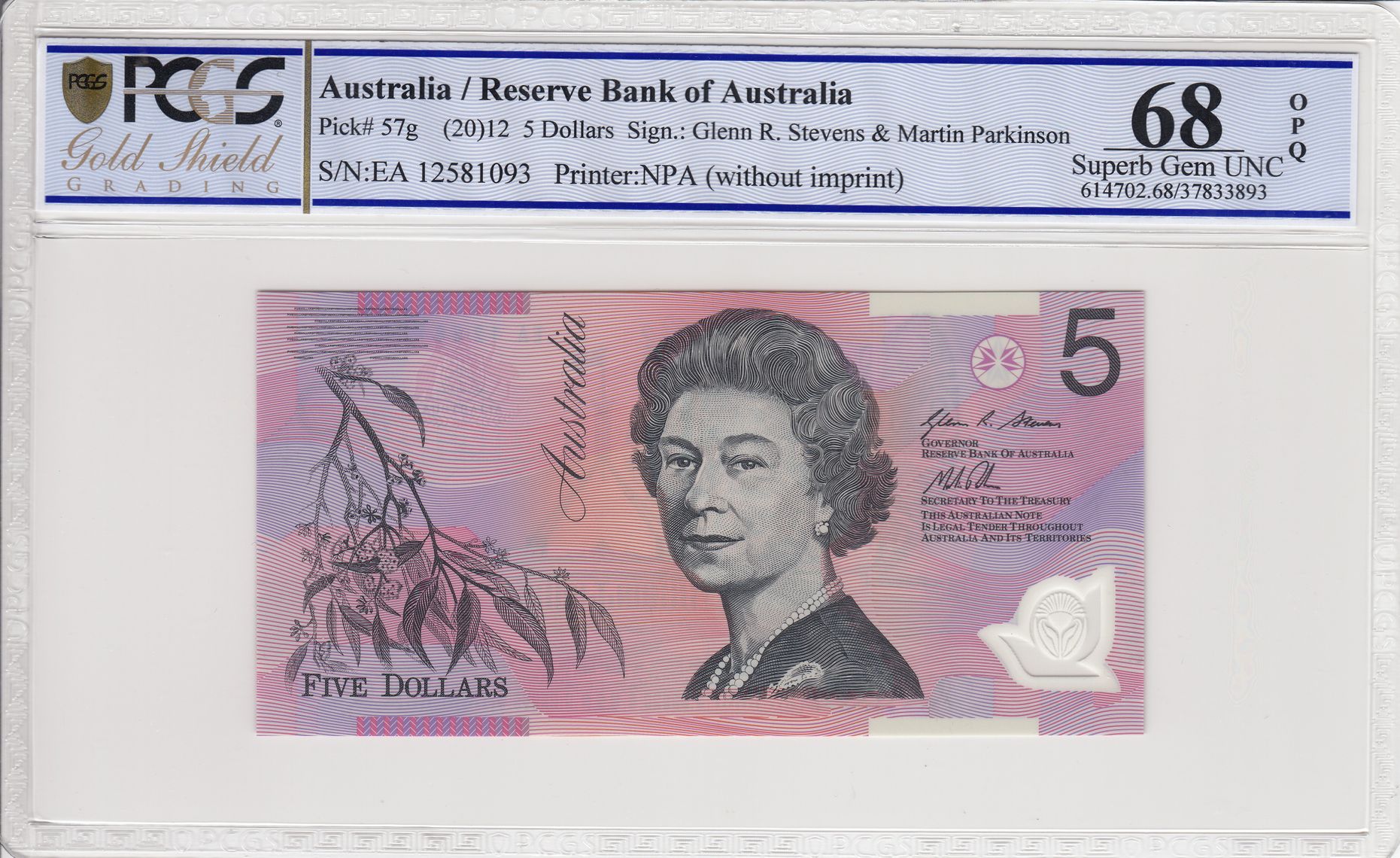 2012 $5 Stevens/Parkinson Superb Gem Unc 68 OPQ Last Prefix