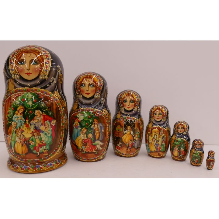 Russian Lacquered Matryoshka 'Nutcracker' Theme Nesting Doll Set- 8''