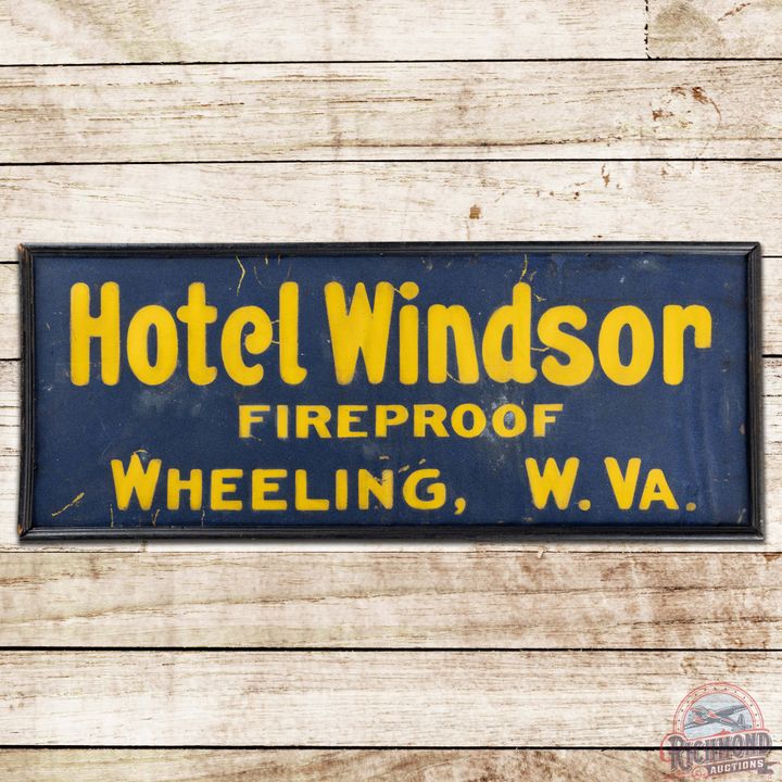 Hotel Windsor Fireproof Wheeling W.Va. SS Tin Smaltz Painted Sign w/ Wooden Frame