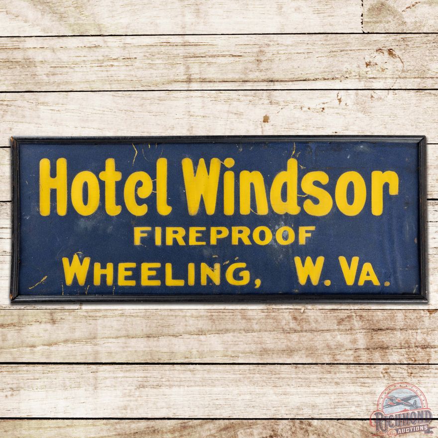 Hotel Windsor Fireproof Wheeling W.Va. SS Tin Smaltz Painted Sign w/ Wooden Frame