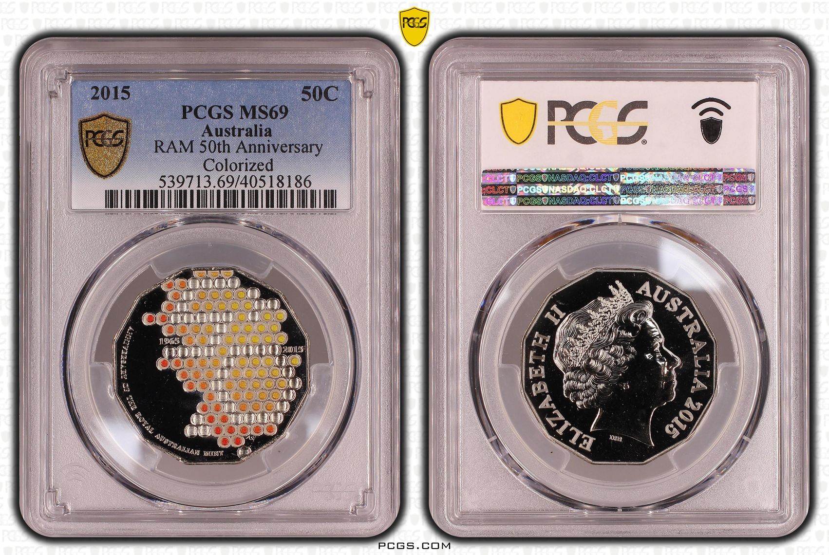 129 · 2015 Australian Fifty Cent, 50c RAM 50th Anniversary Colorized PCGS - MS69 -186 POP 117/0