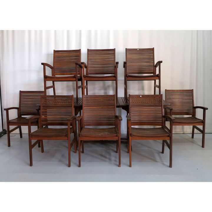 TEAK SLATTED PATIO TABLE AND SET OF 8 CHAIRS