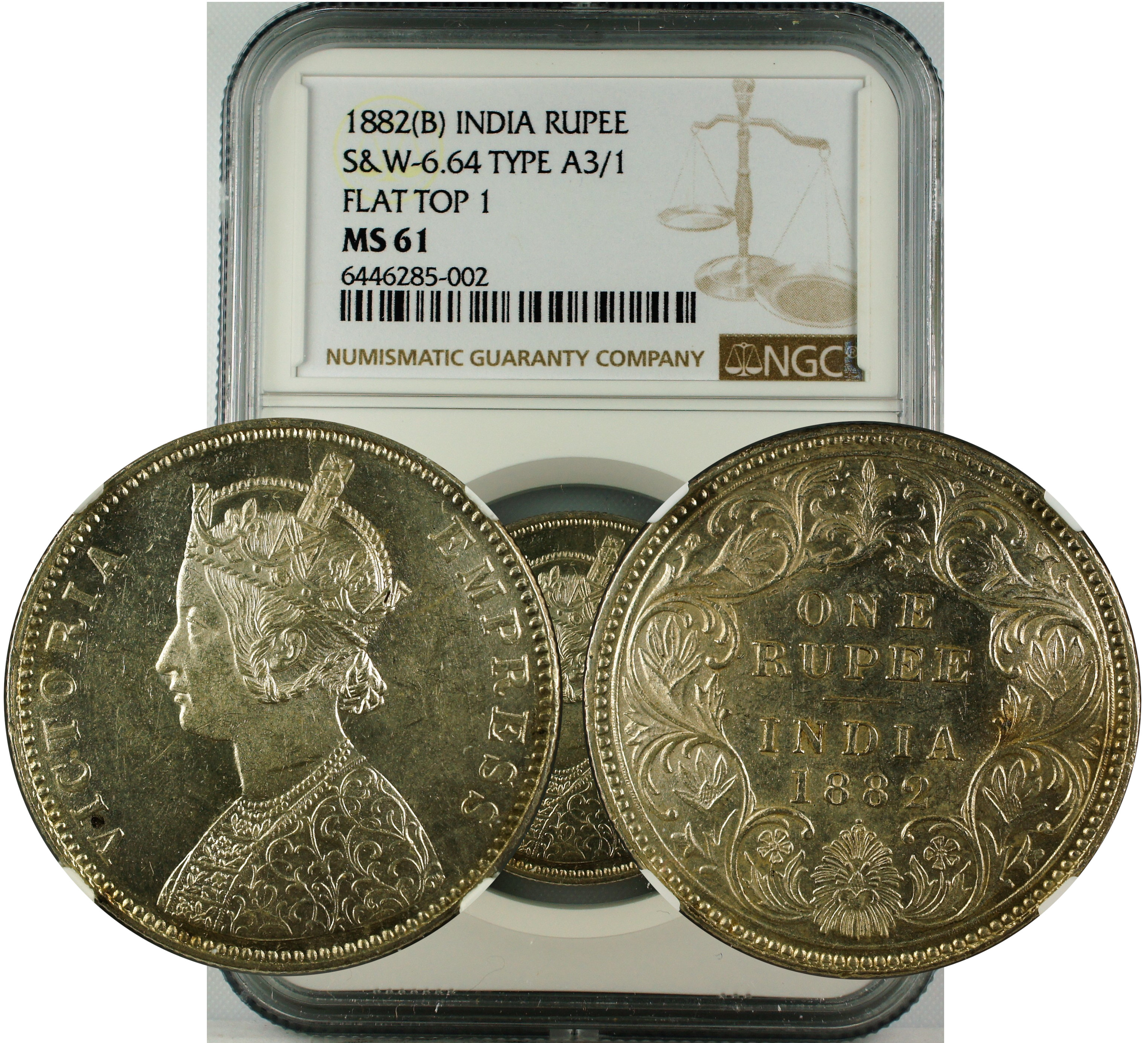 1882 B INDIA RUPEE S&W -6.64 TYPE A3/1 FLAT TOP 1 MS61