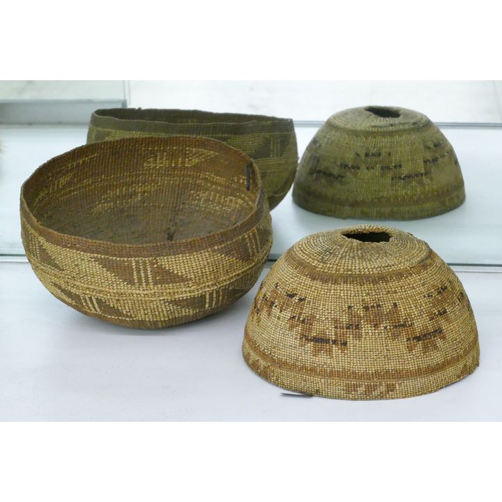 2pc Antique Hupa Indian Basket and Hat 7'' to 8'' - Damaged