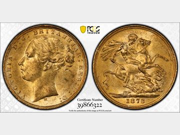 1873 VICTORIA YOUNG HEAD MELBOURNE MINT GOLD SOVEREIGN MS61