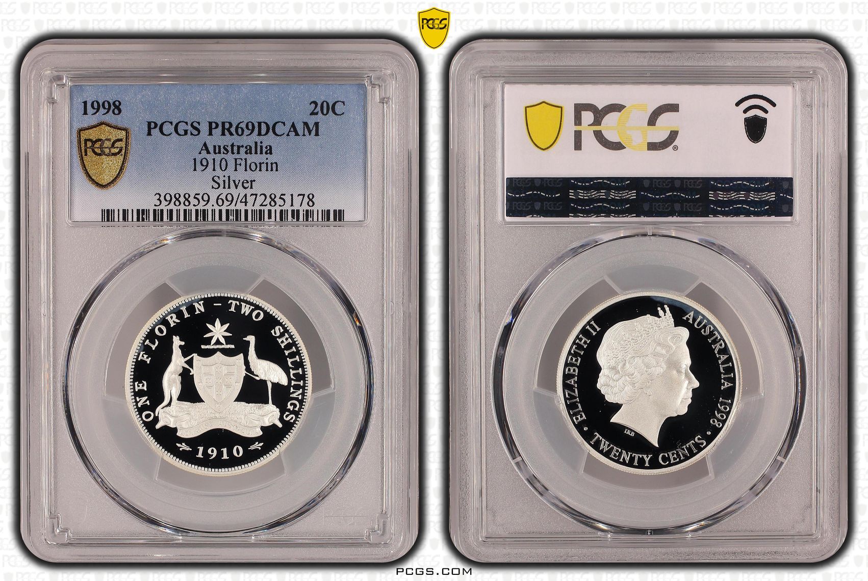 Elizabeth II, 1910 Florin Silver , Twenty Cent, 1998, PCGS PR69DCAM