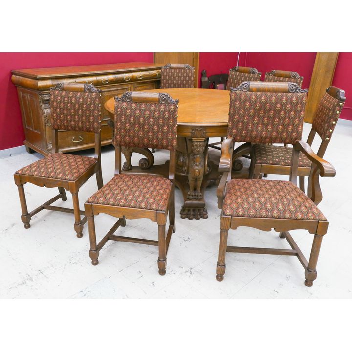 Set 7pc Antique Carved Oak Dining Chairs- 1 Armchair- 41x22'' (RW1)