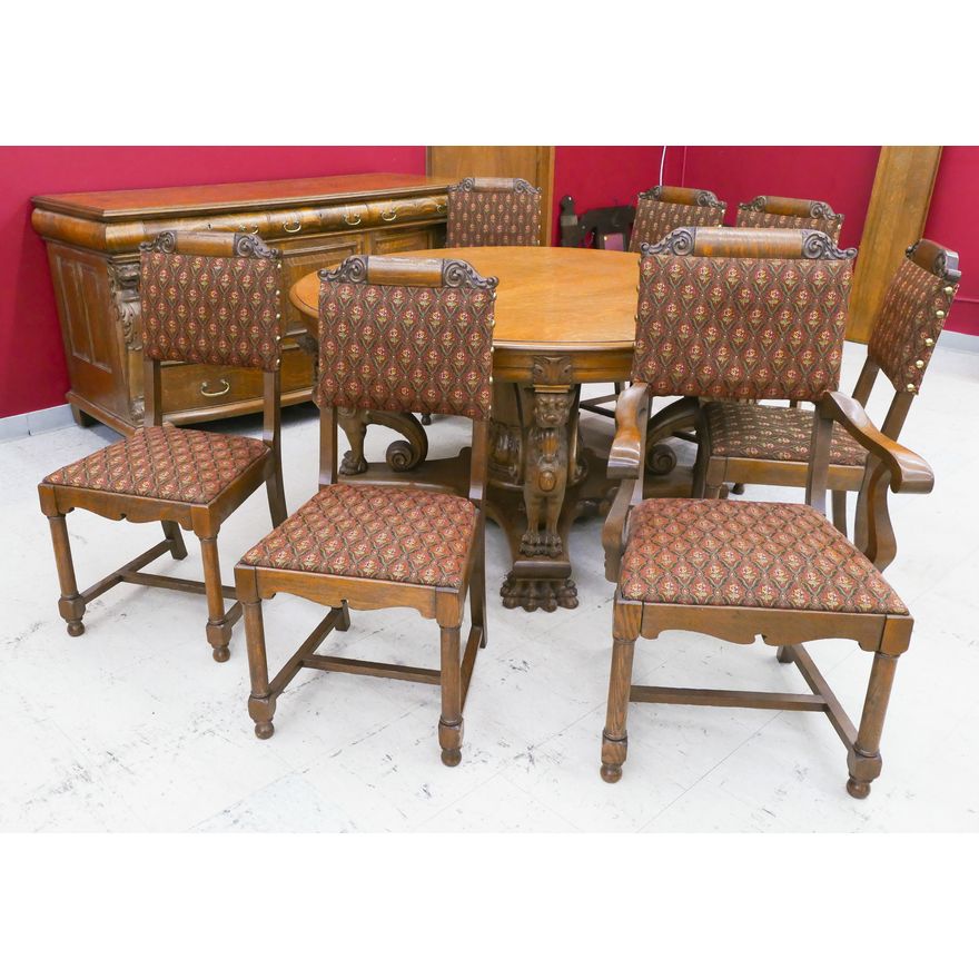 Set 7pc Antique Carved Oak Dining Chairs- 1 Armchair- 41x22'' (RW1)