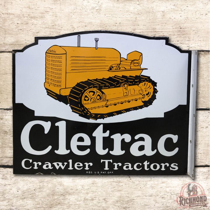 NOS Cletrac Crawler Tractors Double Sided Porcelain Flange Sign TAC 9.5 & 9.25
