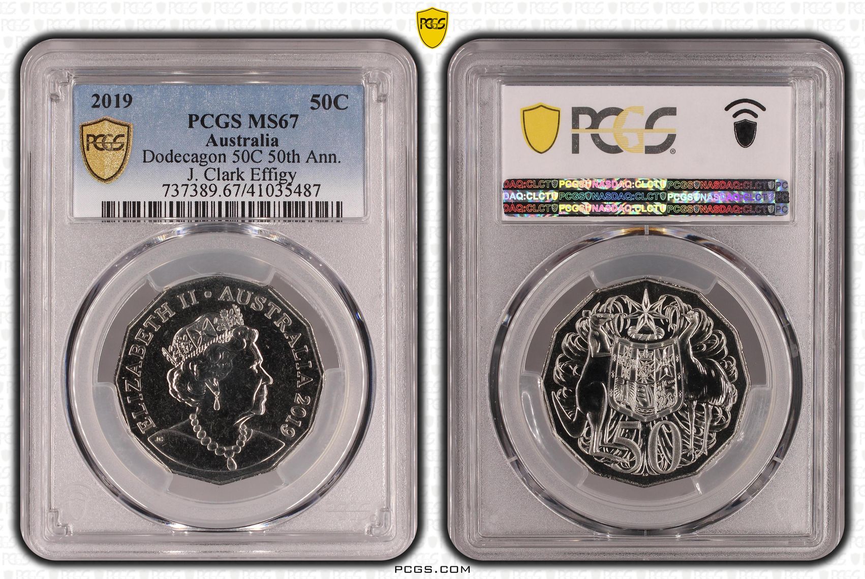 Elizabeth II, Dodecagon 50C 50th Ann. J. Clark Effigy, Fifty Cent, 2019, PCGS MS67