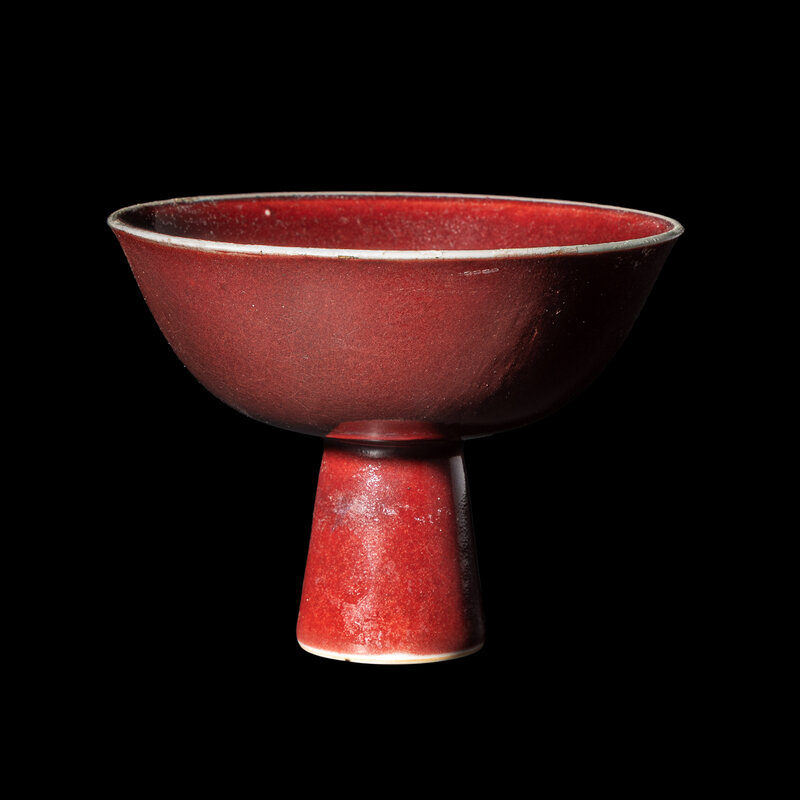 A Chinese Copper Red Glazed Porcelain Stem Bowl, Qianlong Period﻿
清乾隆 寶石紅釉高足碗