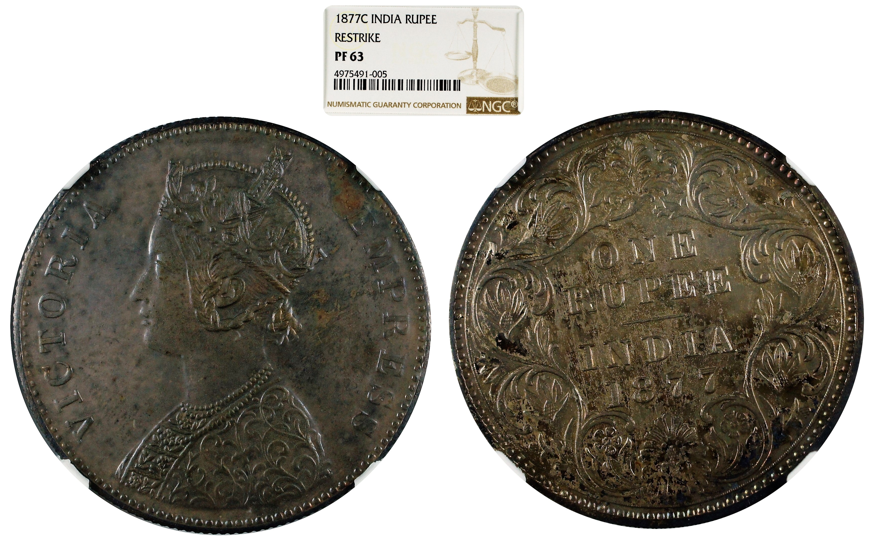 India British 1877 C Rupee Restrike NGC PF63