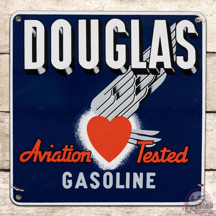 Douglas Aviation Tested Gasoline SS Porcelain Pump Plate Sign w/ Heart Logo