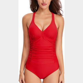 V NECK ONE PIECE SWIMSUITS WITH RUCHING BATHING SUITS TUMMY CONTROL BEACH SWIMWEAR FOR WOMEN (RED XXL)