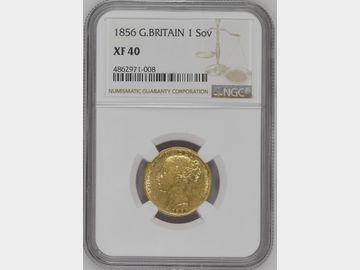 1856 VICTORIA YOUNG HEAD SHIELD GOLD SOVEREIGN XF40