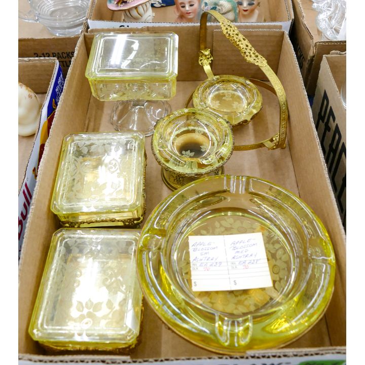 Box 6pc Apple Blossom Etched Yellow Glass Ashtrays & Humidors