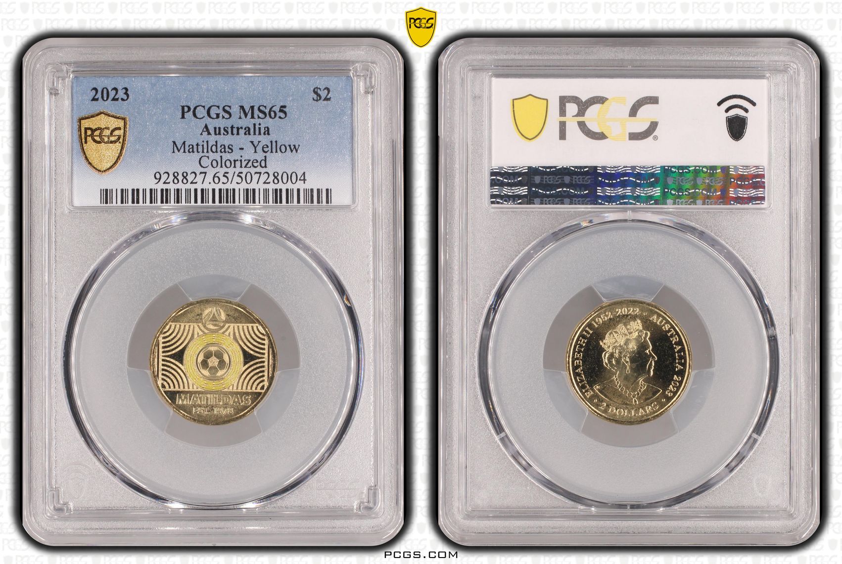 Matildas - Yellow Colorized , Two Dollar, 2023, PCGS MS65