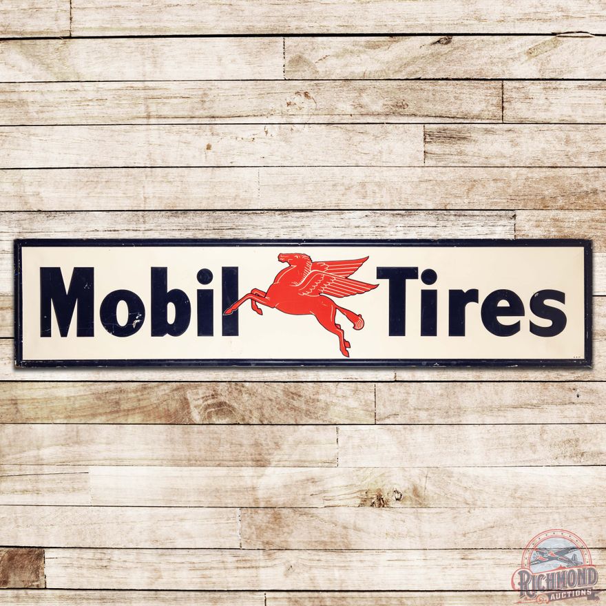 1947 Mobil Tires 8' Embossed SS Tin Sign w/ Pegasus