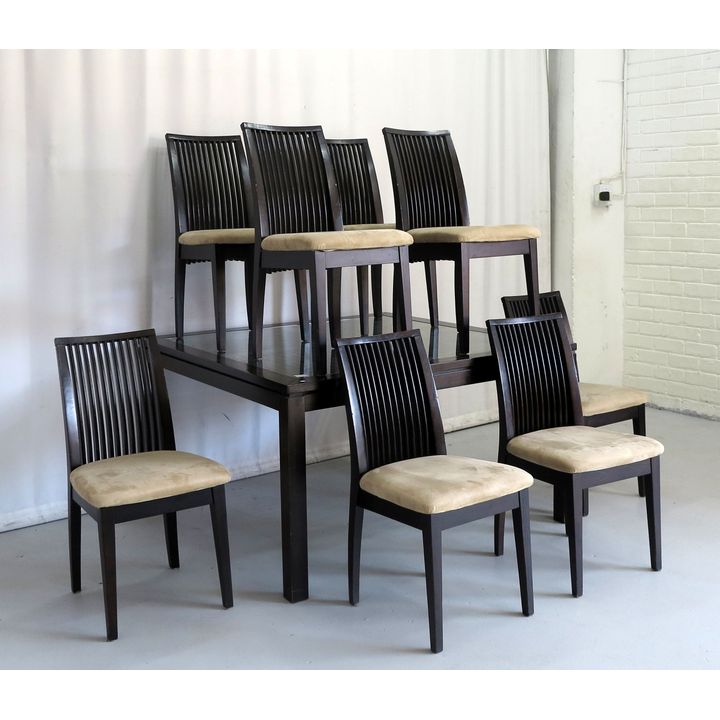 GLASS-TOP DINING TABLE AND SET OF 8 CHAIRS