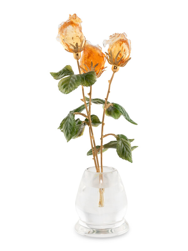 A Carved Rock Crystal and Hardstone Rose Flower Study