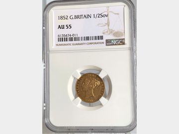 1852 VICTORIA YOUNG HEAD GOLD HALF SOVEREIGN AU55