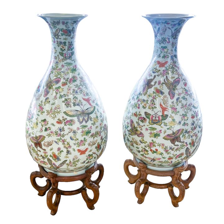 Pair Chinese Porcelain Butterfly Floor Vases