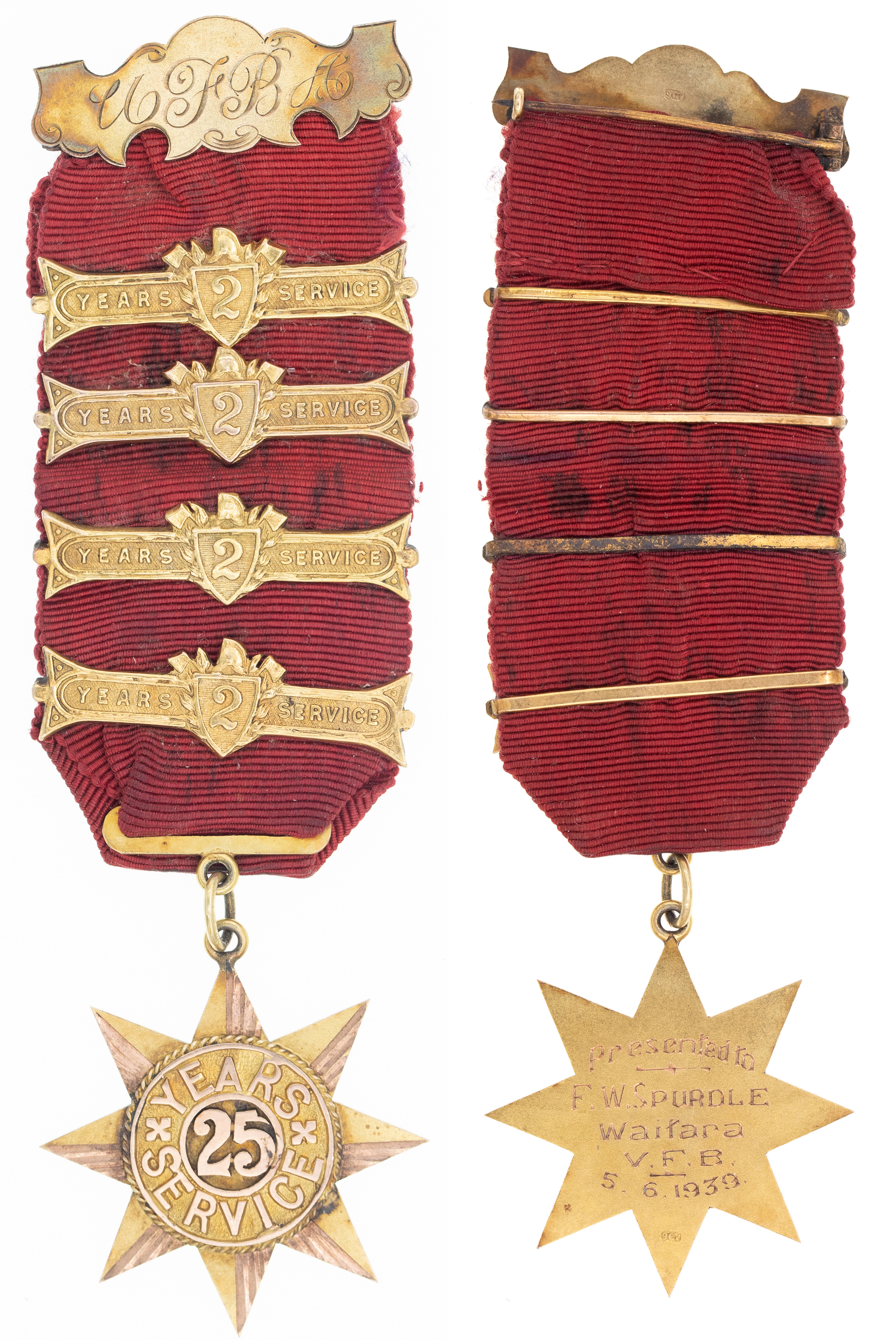 New Zealand, Waitara Volunteer Fire Brigade, 9ct Gold 25 Years Service Star, 1939, EF