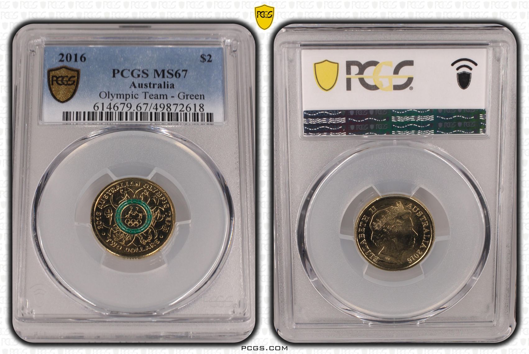 421 · Elizabeth II, Olympic Team - Green , Two Dollar, 2016, PCGS MS67