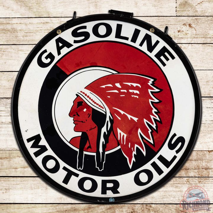 Scarce Red Indian Gasoline Motor Oils 36" Double Sided Porcelain Sign & Ring w/ Native American