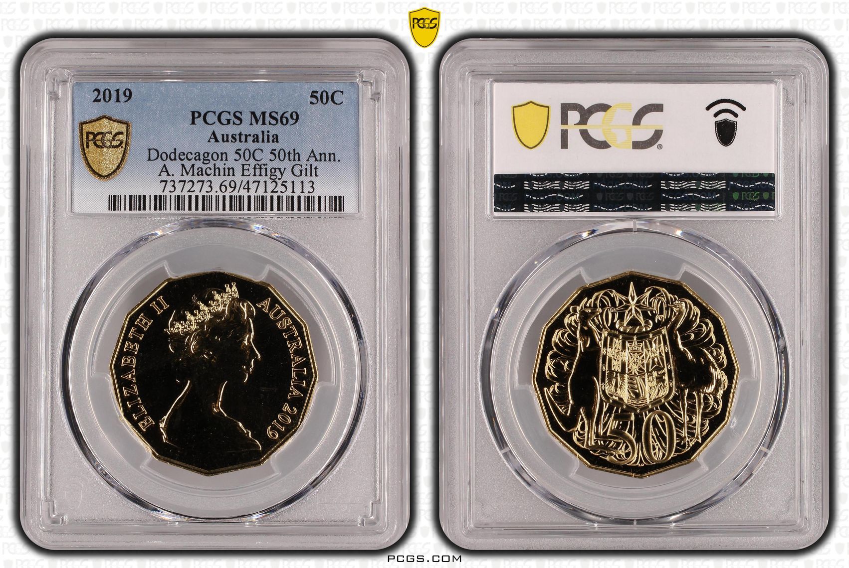 Elizabeth II, Dodecagon 50C 50th Ann. A. Machin Effigy Gilt, Fifty Cent, 2019, PCGS MS69