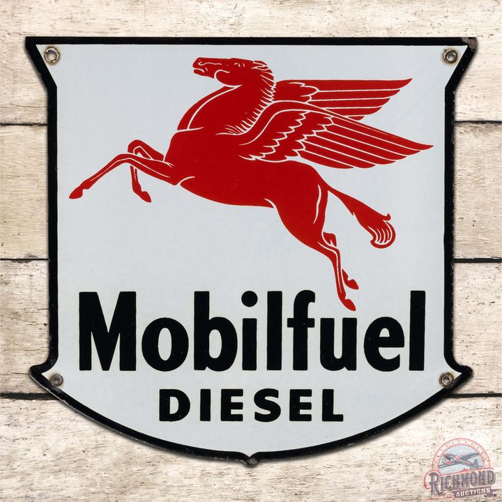 Terrific Mobilfuel Diesel "West Coast" Single Sided Porcelain Pump Plate Sign w/ Pegasus