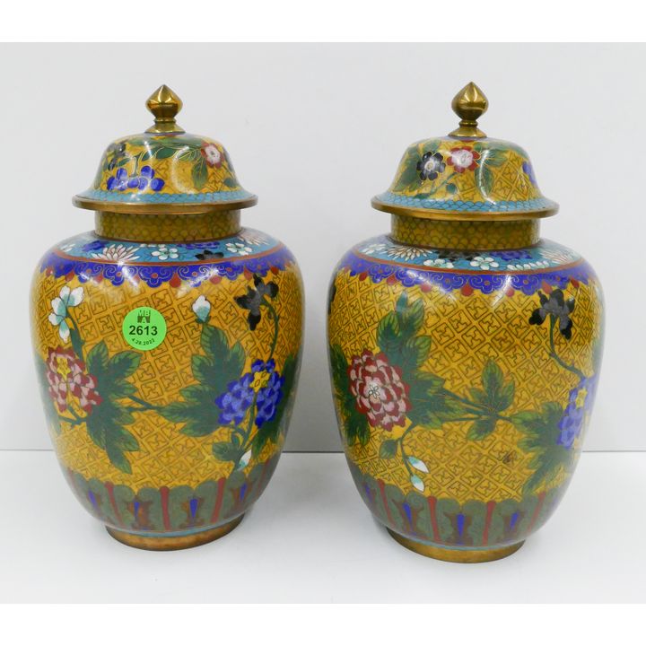 Pair Old Chinese Yellow Ground Floral Cloisonne Ginger Jars- 9''