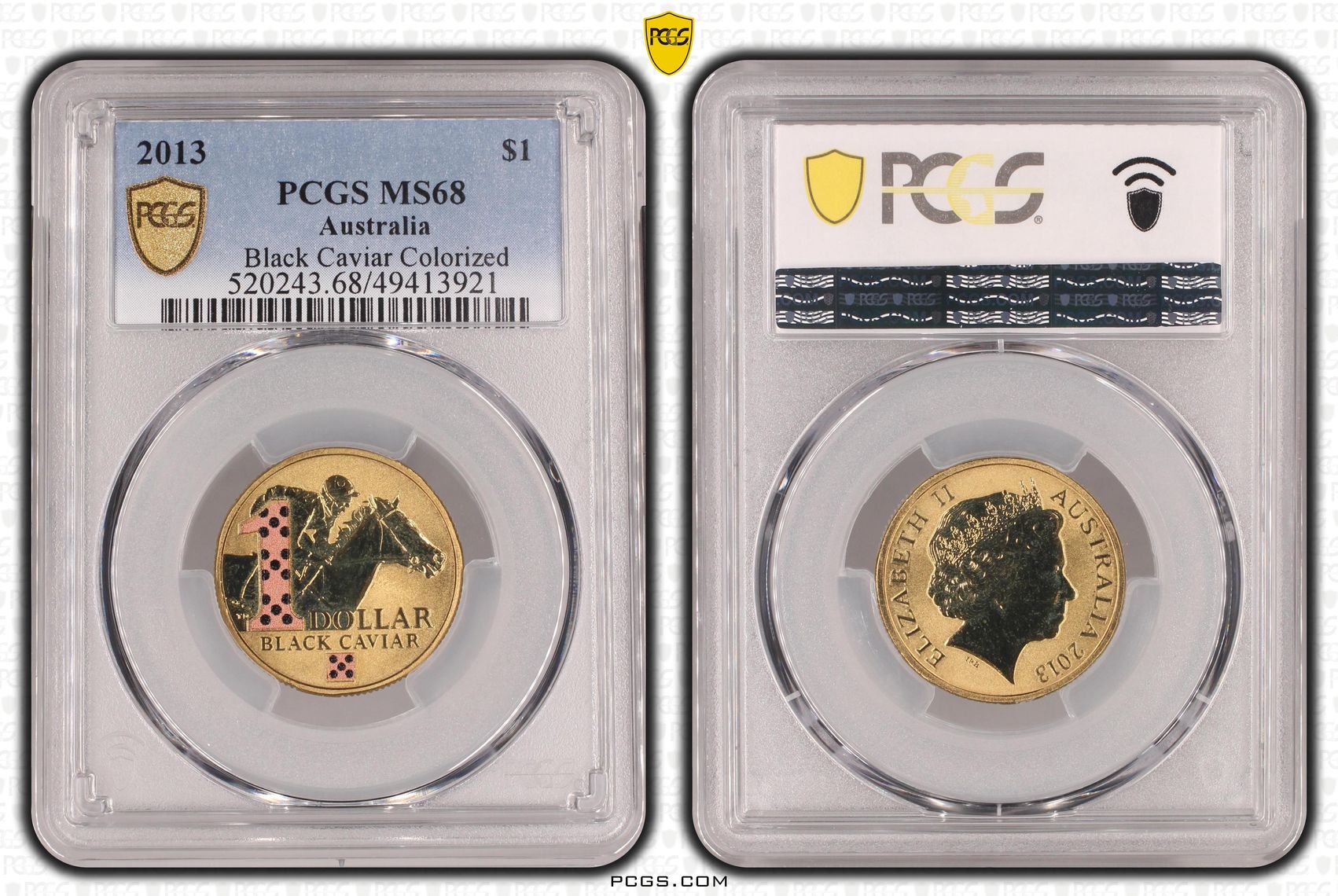 391 · Elizabeth II, Black Caviar Colorized , One Dollar, 2013, PCGS MS68